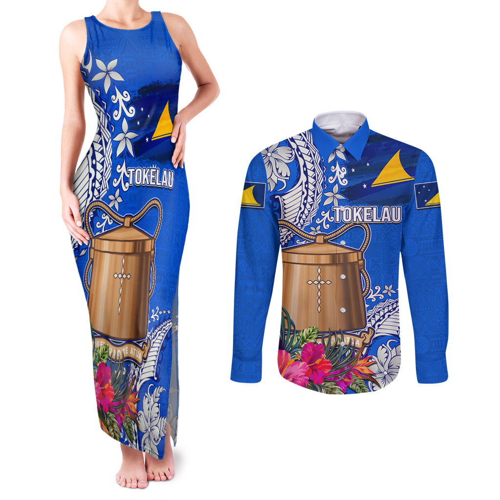 Tokelau Waitangi Couples Matching Tank Maxi Dress and Long Sleeve Button Shirt Tropical Flower Tapa Pattern LT03 Blue - Polynesian Pride