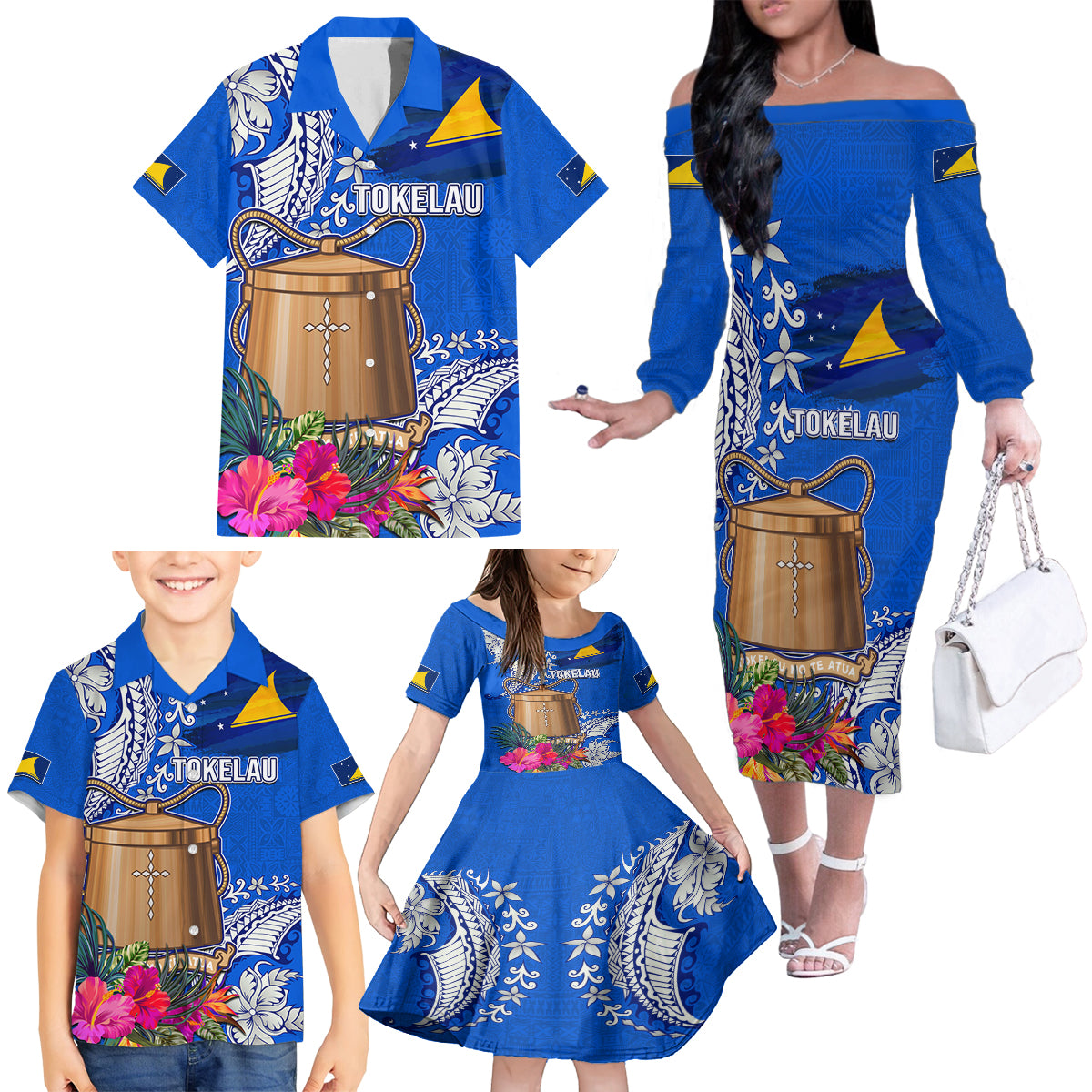 Tokelau Waitangi Family Matching Off Shoulder Long Sleeve Dress and Hawaiian Shirt Tropical Flower Tapa Pattern LT03 - Polynesian Pride