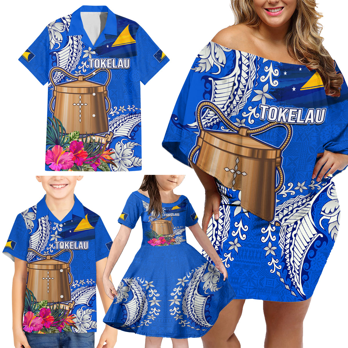 Tokelau Waitangi Family Matching Off Shoulder Short Dress and Hawaiian Shirt Tropical Flower Tapa Pattern LT03 - Polynesian Pride