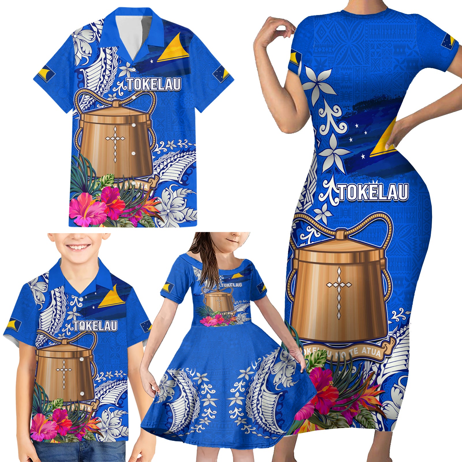 Tokelau Waitangi Family Matching Short Sleeve Bodycon Dress and Hawaiian Shirt Tropical Flower Tapa Pattern LT03 - Polynesian Pride