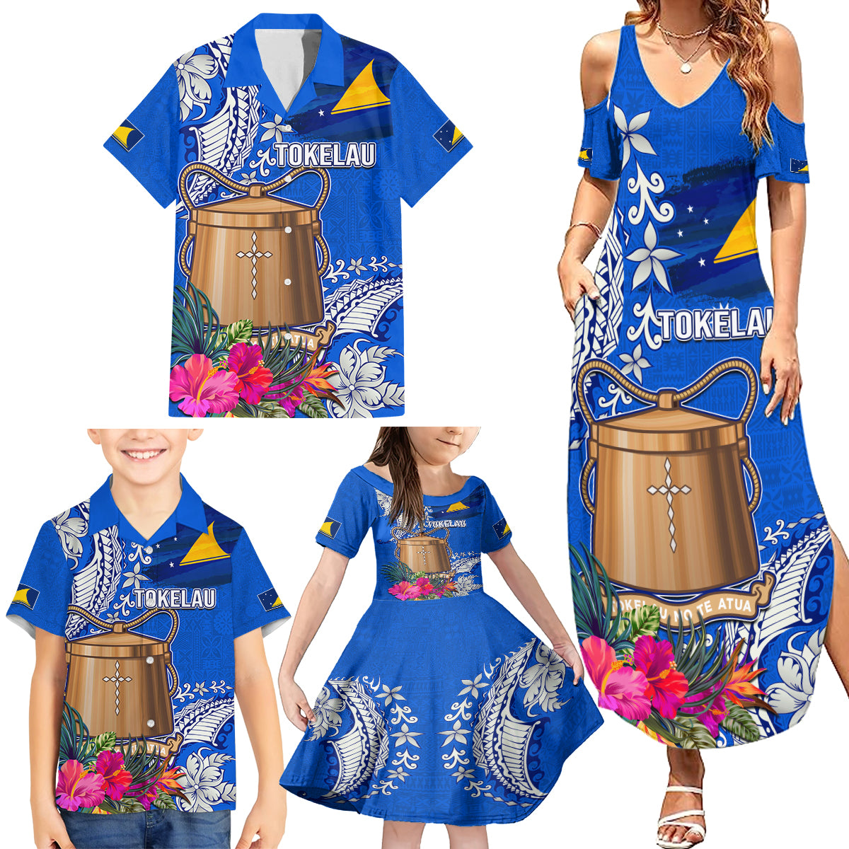 Tokelau Waitangi Family Matching Summer Maxi Dress and Hawaiian Shirt Tropical Flower Tapa Pattern LT03 - Polynesian Pride