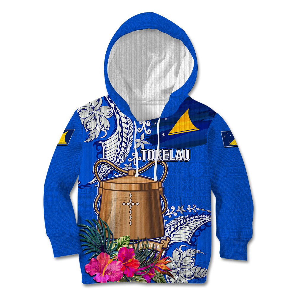 Tokelau Waitangi Kid Hoodie Tropical Flower Tapa Pattern LT03 Hoodie Blue - Polynesian Pride