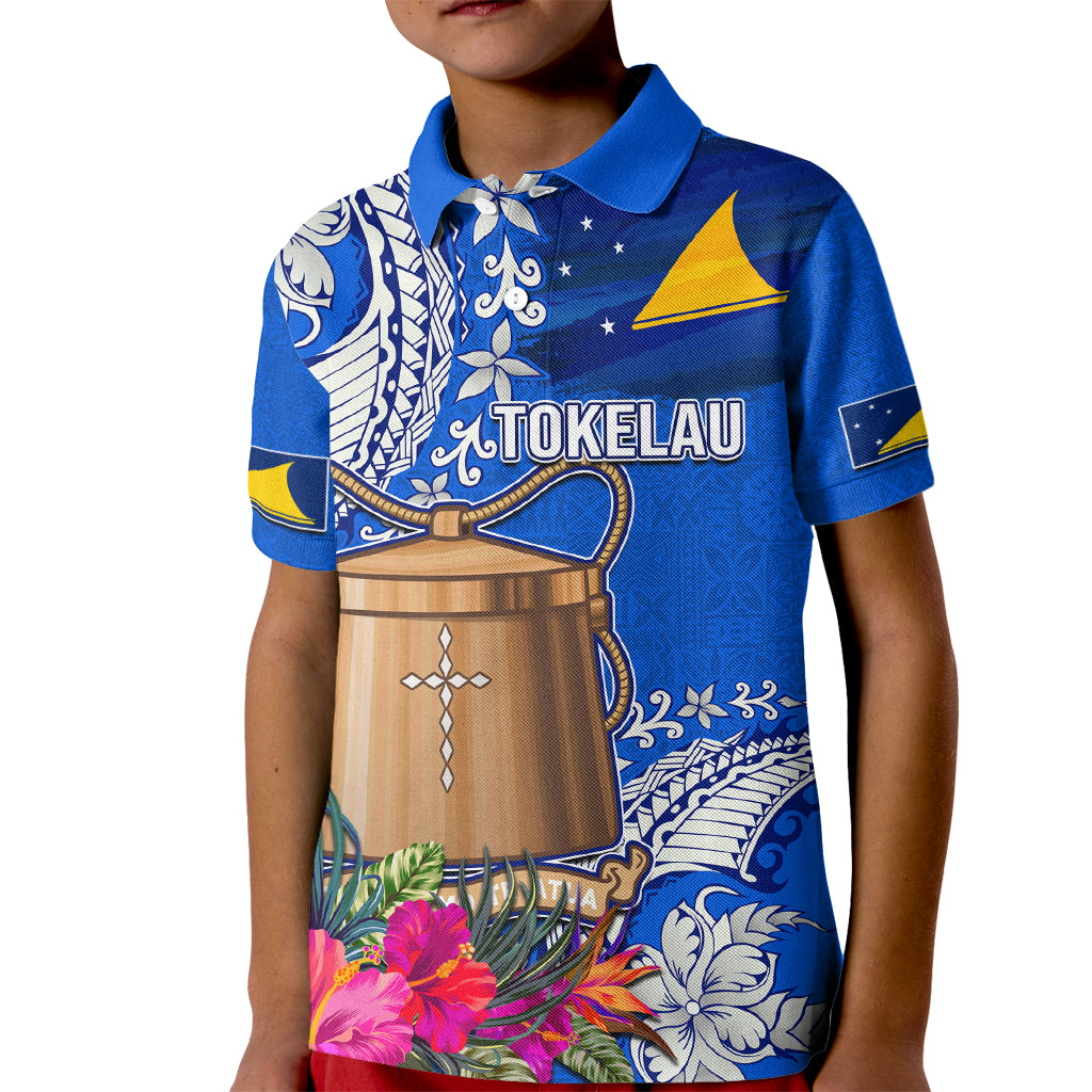 Tokelau Waitangi Kid Polo Shirt Tropical Flower Tapa Pattern LT03 Kid Blue - Polynesian Pride