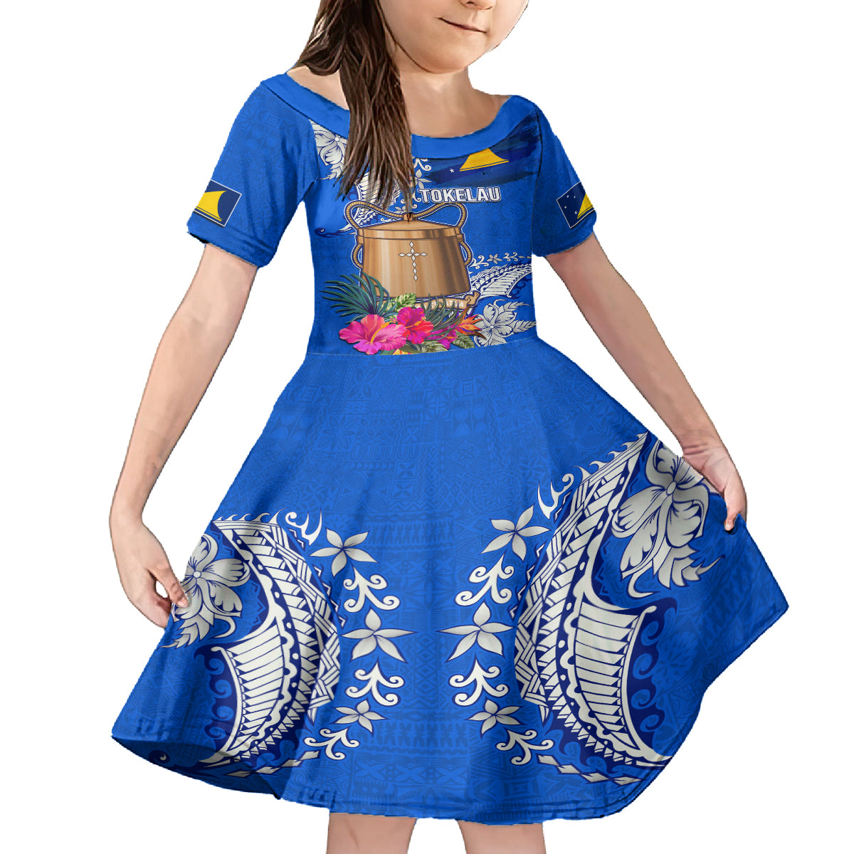 Tokelau Waitangi Kid Short Sleeve Dress Tropical Flower Tapa Pattern LT03 KID Blue - Polynesian Pride