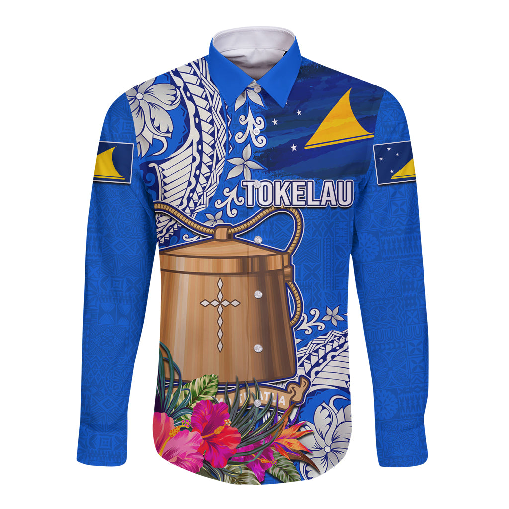 Tokelau Waitangi Long Sleeve Button Shirt Tropical Flower Tapa Pattern LT03 Unisex Blue - Polynesian Pride