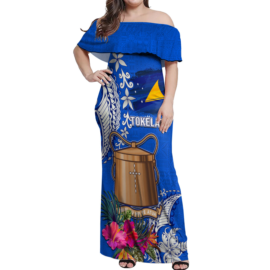 Tokelau Waitangi Off Shoulder Maxi Dress Tropical Flower Tapa Pattern LT03 Women Blue - Polynesian Pride