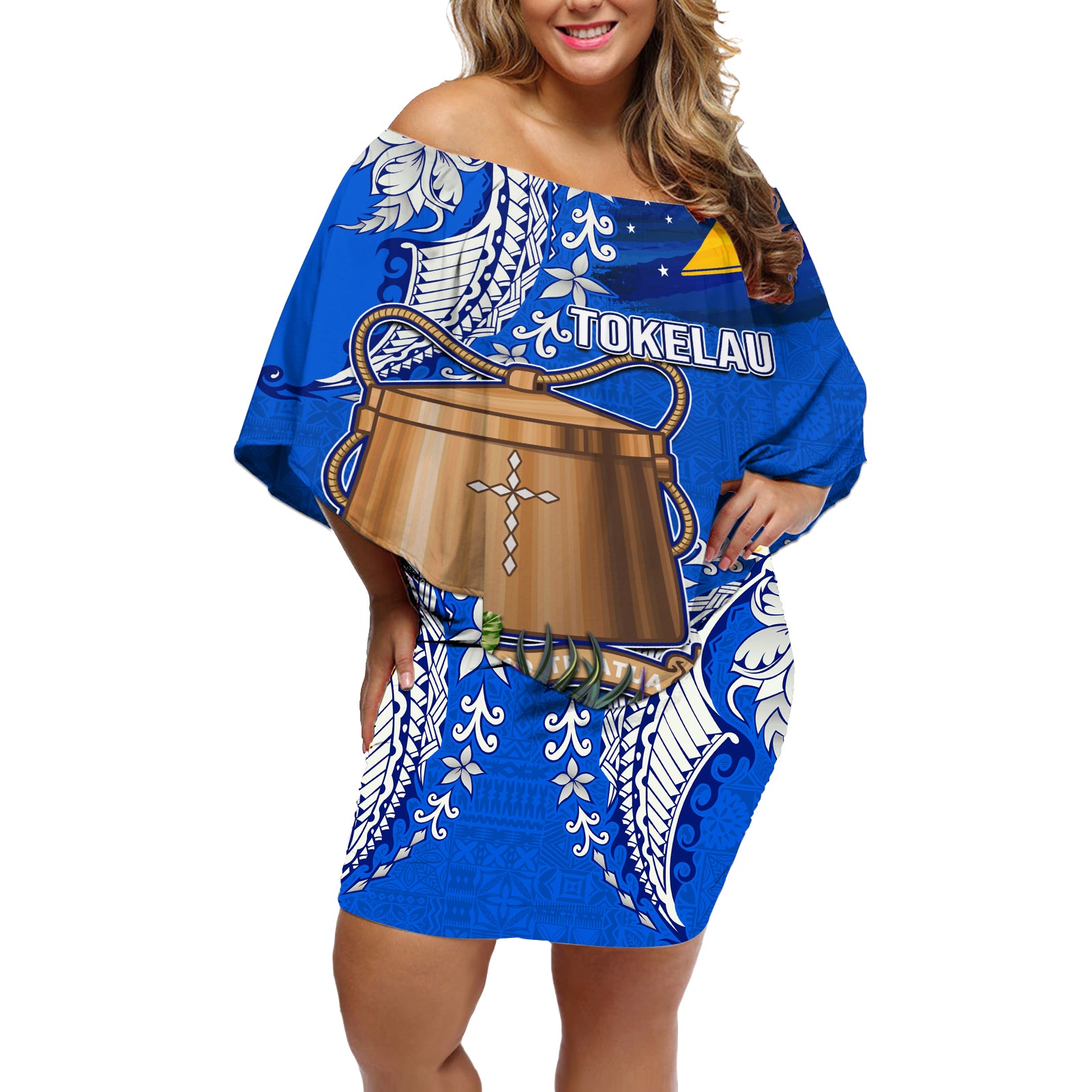 Tokelau Waitangi Off Shoulder Short Dress Tropical Flower Tapa Pattern LT03 Women Blue - Polynesian Pride