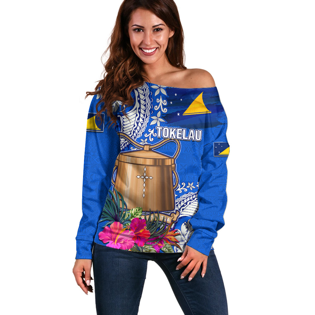 Tokelau Waitangi Off Shoulder Sweater Tropical Flower Tapa Pattern LT03 Women Blue - Polynesian Pride