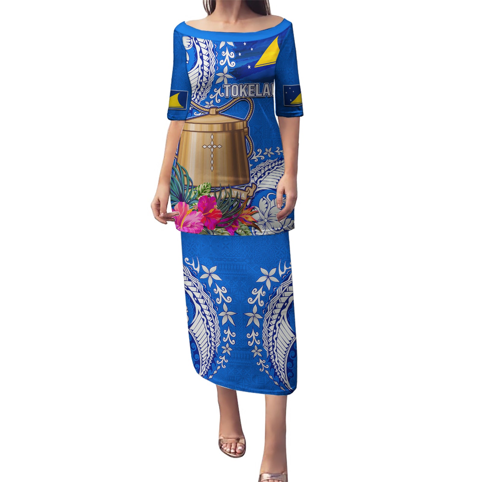 Tokelau Waitangi Puletasi Tropical Flower Tapa Pattern LT03 Long Dress Blue - Polynesian Pride