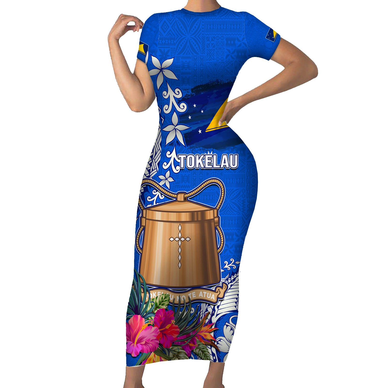 Tokelau Waitangi Short Sleeve Bodycon Dress Tropical Flower Tapa Pattern LT03 Long Dress Blue - Polynesian Pride