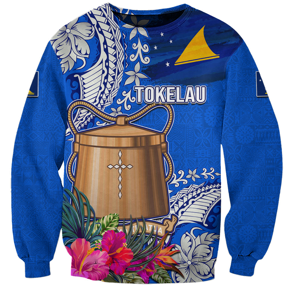 Tokelau Waitangi Sweatshirt Tropical Flower Tapa Pattern LT03 Unisex Blue - Polynesian Pride