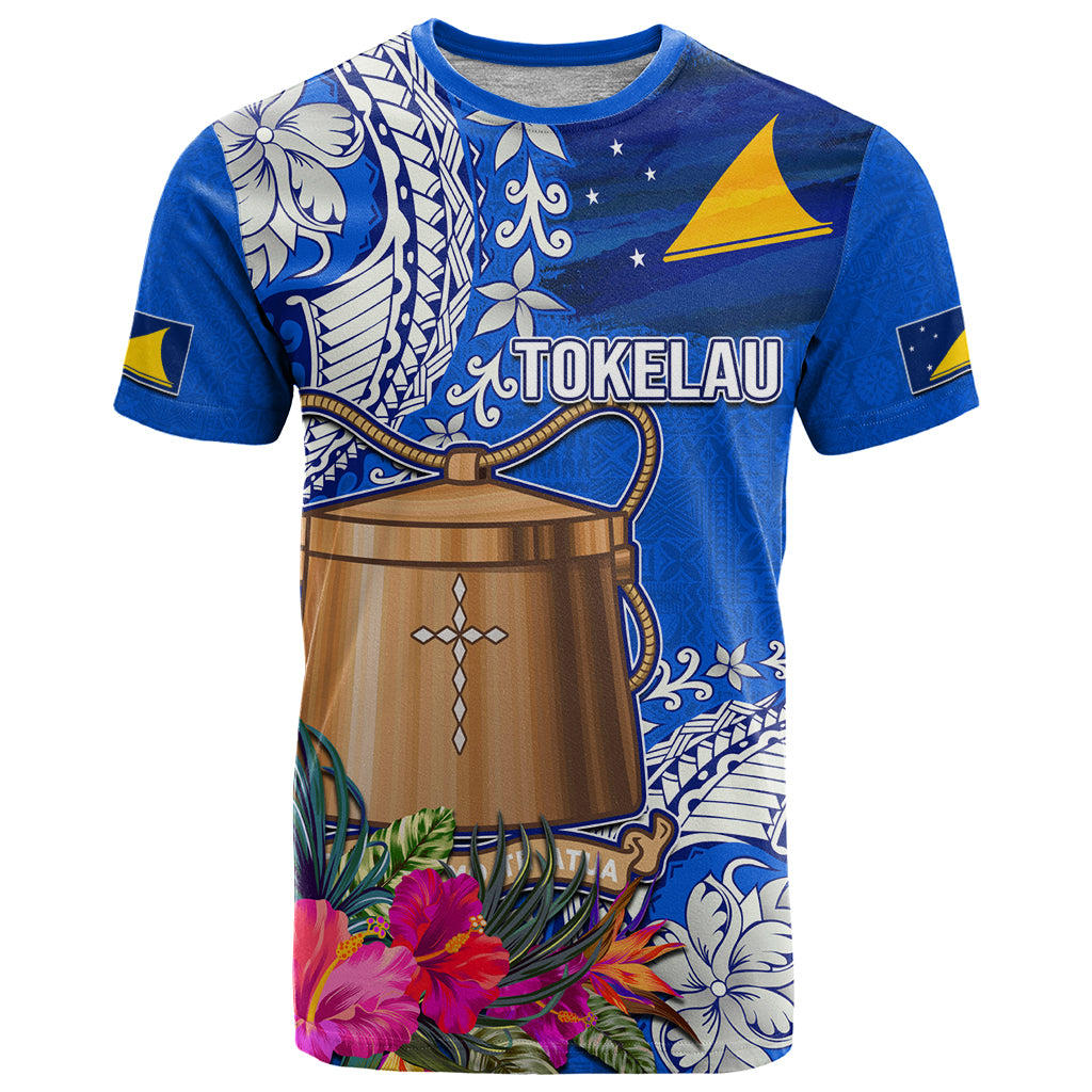 Tokelau Waitangi T Shirt Tropical Flower Tapa Pattern LT03 Blue - Polynesian Pride