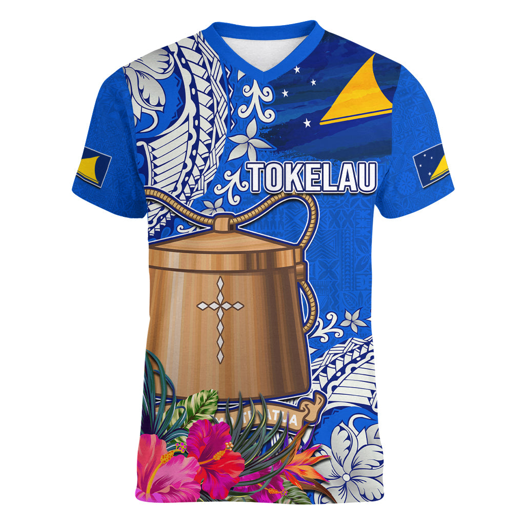 Tokelau Waitangi Women V Neck T Shirt Tropical Flower Tapa Pattern LT03 Female Blue - Polynesian Pride