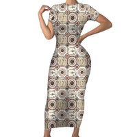 Tukenny Pattern Fijian War Clubs Short Sleeve Bodycon Dress LT03 Long Dress Beige - Polynesian Pride