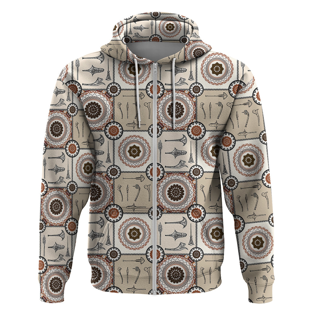 Tukenny Pattern Fijian War Clubs Zip Hoodie LT03 Zip Hoodie Beige - Polynesian Pride