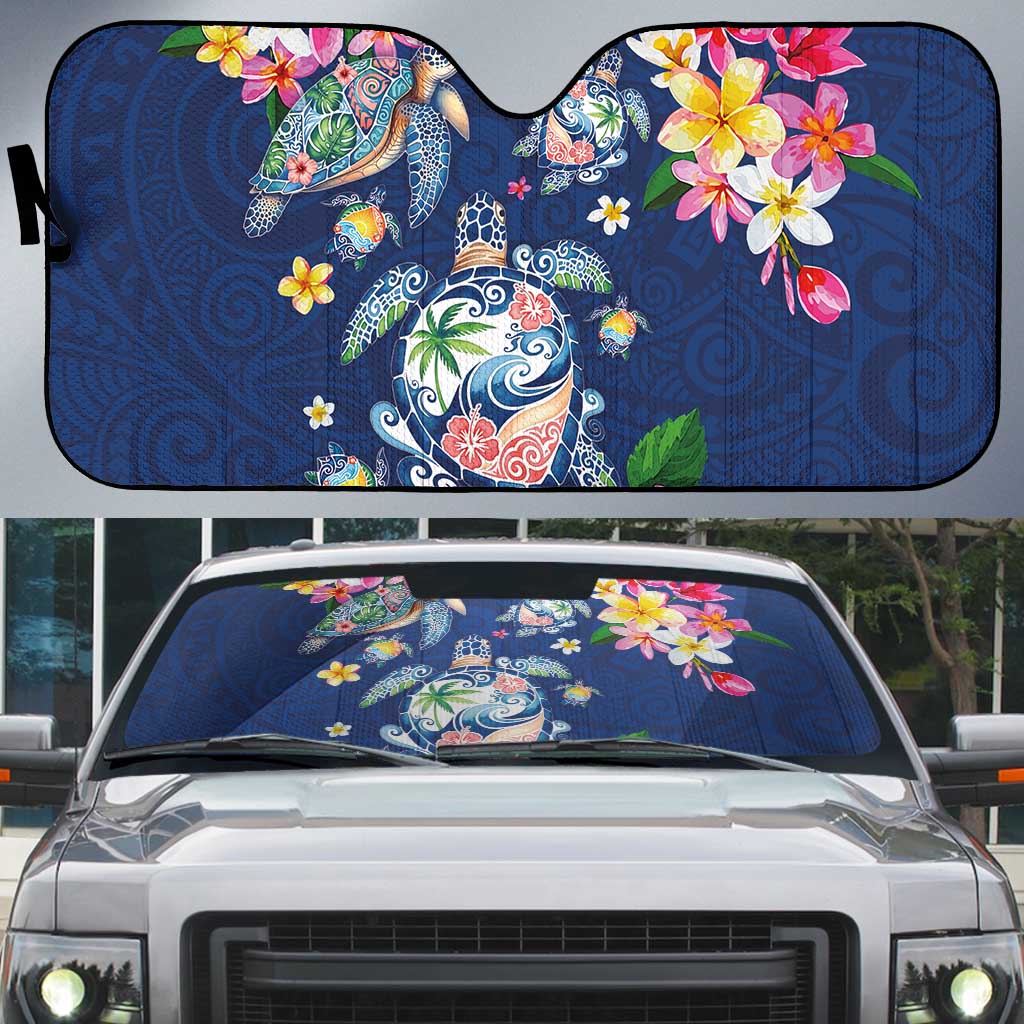 Hawaiian Turtles and Tropical Plants Auto Sun Shade Blue Watercolor LT03 Blue - Polynesian Pride