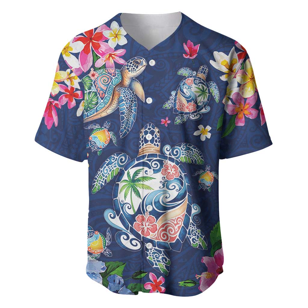 Hawaiian Turtles and Tropical Plants Baseball Jersey Blue Watercolor LT03 Blue - Polynesian Pride