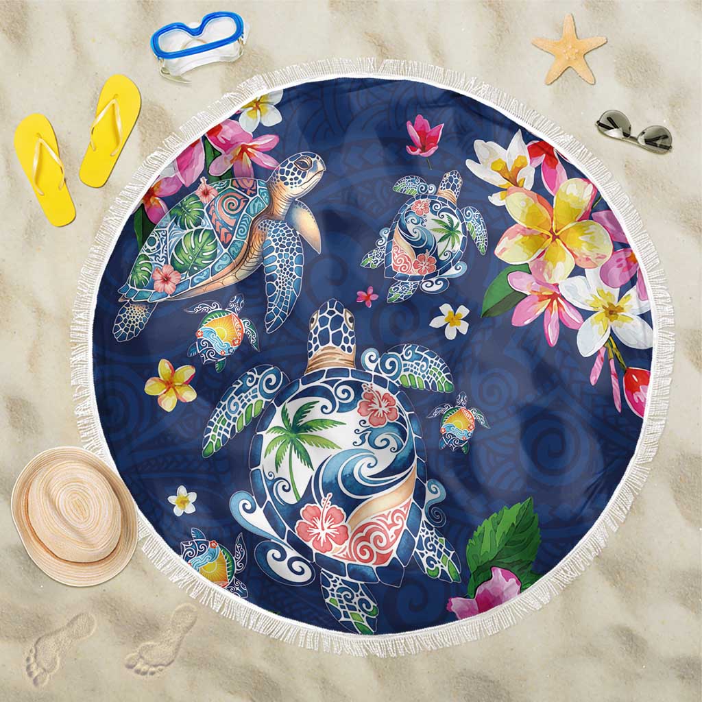 Hawaiian Turtles and Tropical Plants Beach Blanket Blue Watercolor LT03 One Size 150cm Blue - Polynesian Pride