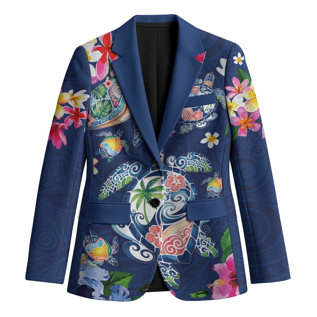 Hawaiian Turtles and Tropical Plants Blazer Blue Watercolor LT03 Unisex Blue - Polynesian Pride