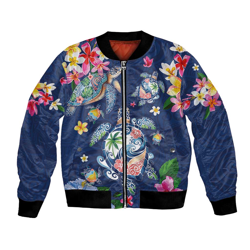 Hawaiian Turtles and Tropical Plants Bomber Jacket Blue Watercolor LT03 Unisex Blue - Polynesian Pride