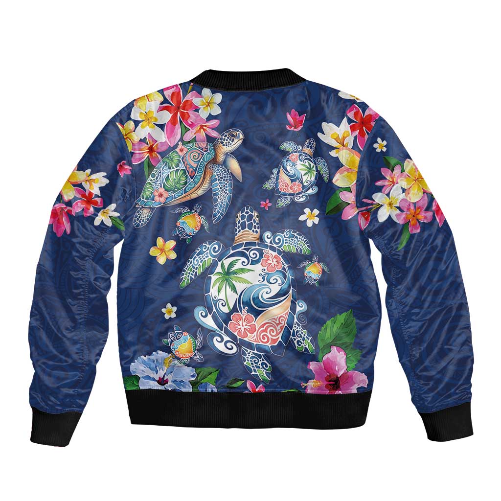 Hawaiian Turtles and Tropical Plants Bomber Jacket Blue Watercolor LT03 - Polynesian Pride
