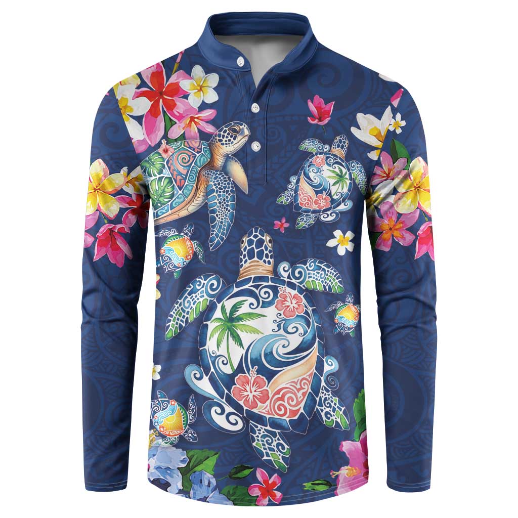 Hawaiian Turtles and Tropical Plants Button Sweatshirt Blue Watercolor LT03 Blue - Polynesian Pride