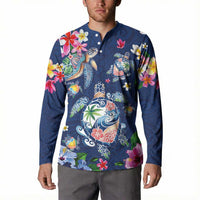 Hawaiian Turtles and Tropical Plants Button Sweatshirt Blue Watercolor LT03 - Polynesian Pride