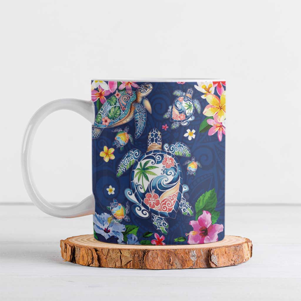 Hawaiian Turtles and Tropical Plants Ceramic Mug Blue Watercolor LT03 Blue - Polynesian Pride