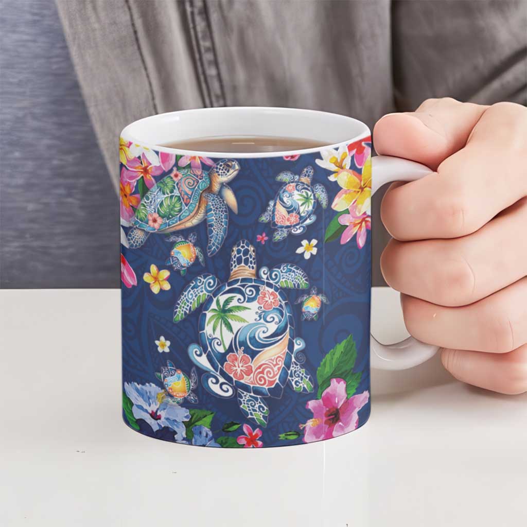 Hawaiian Turtles and Tropical Plants Ceramic Mug Blue Watercolor LT03 - Polynesian Pride