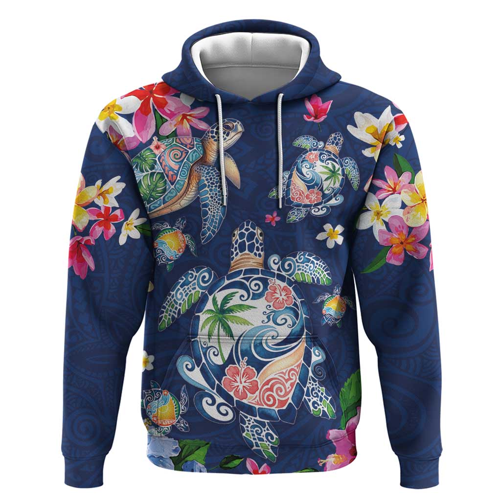 Hawaiian Turtles and Tropical Plants Hoodie Blue Watercolor LT03 Pullover Hoodie Blue - Polynesian Pride