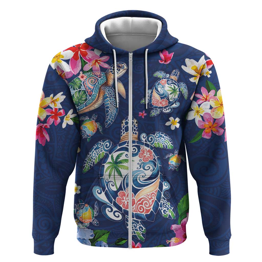 Hawaiian Turtles and Tropical Plants Hoodie Blue Watercolor LT03 Zip Hoodie Blue - Polynesian Pride