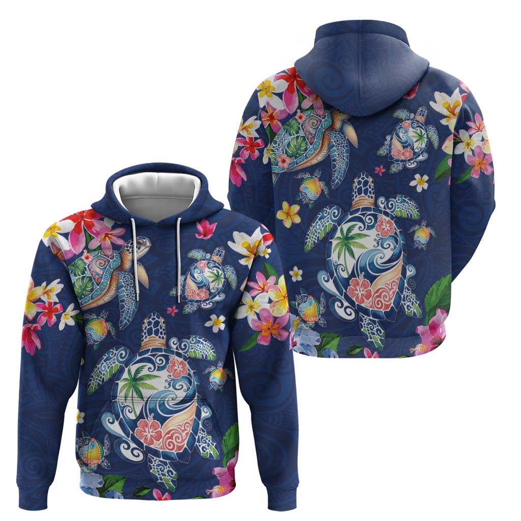 Hawaiian Turtles and Tropical Plants Hoodie Blue Watercolor LT03 - Polynesian Pride