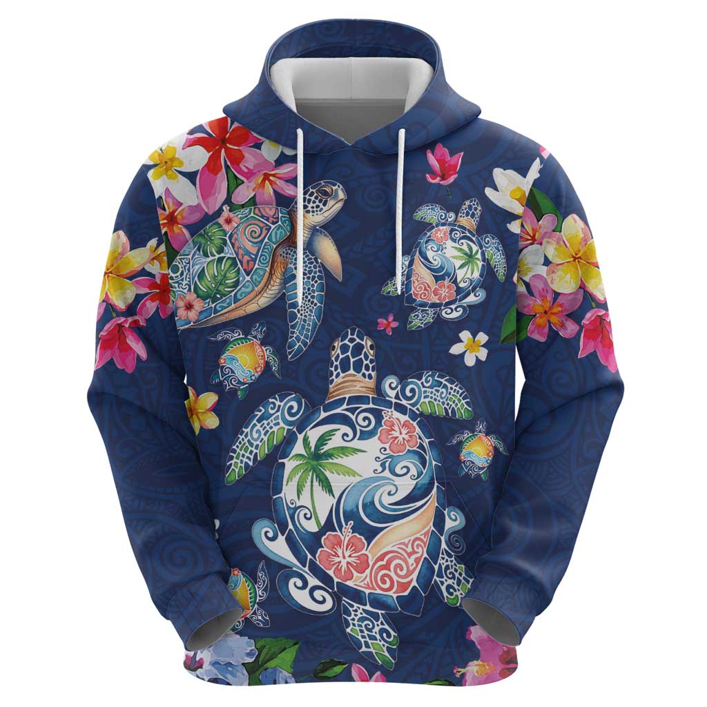 Hawaiian Turtles and Tropical Plants Hoodie Blue Watercolor LT03 - Polynesian Pride