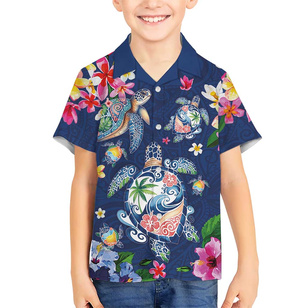 Hawaiian Turtles and Tropical Plants Kid Hawaiian Shirt Blue Watercolor LT03 Kid Blue - Polynesian Pride