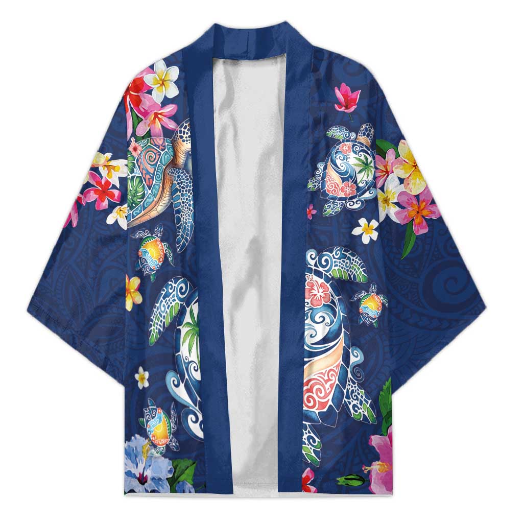 Hawaiian Turtles and Tropical Plants Kimono Blue Watercolor LT03 Unisex Blue - Polynesian Pride