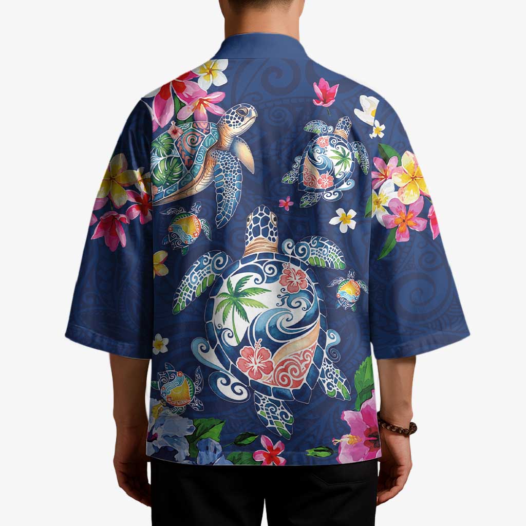 Hawaiian Turtles and Tropical Plants Kimono Blue Watercolor LT03 - Polynesian Pride