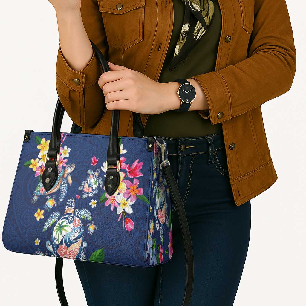 Hawaiian Turtles and Tropical Plants Leather Bag Blue Watercolor LT03 - Polynesian Pride