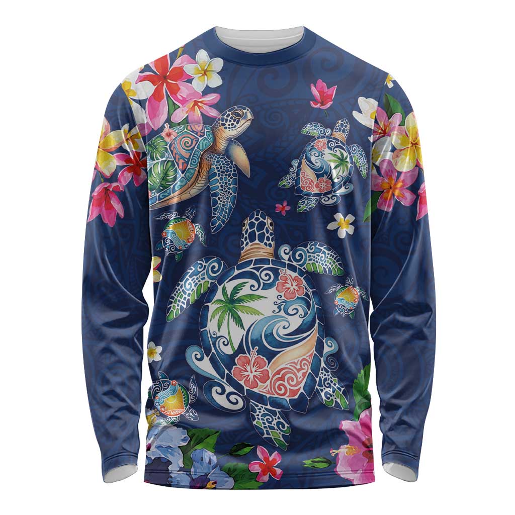 Hawaiian Turtles and Tropical Plants Long Sleeve Shirt Blue Watercolor LT03 Unisex Blue - Polynesian Pride
