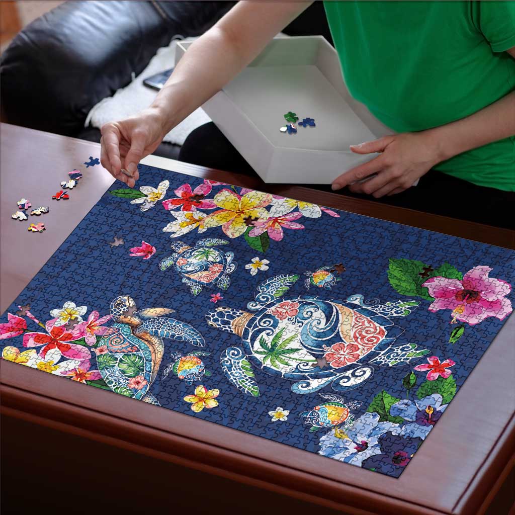 Hawaiian Turtles and Tropical Plants Puzzle Blue Watercolor LT03 - Polynesian Pride
