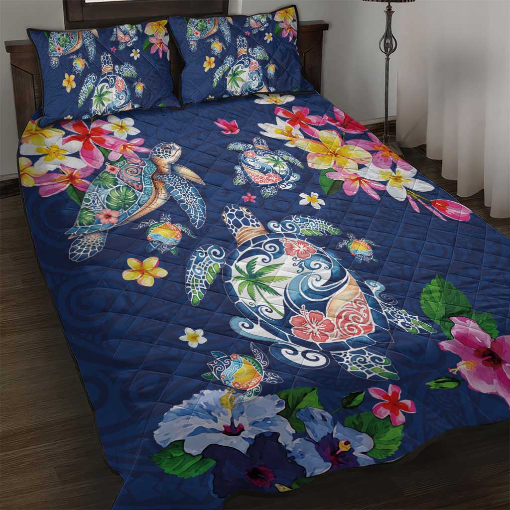 Hawaiian Turtles and Tropical Plants Quilt Bed Set Blue Watercolor LT03 Blue - Polynesian Pride