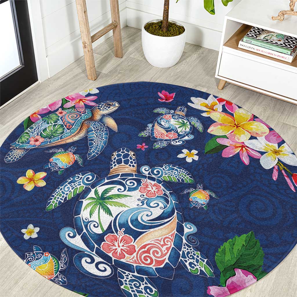 Hawaiian Turtles and Tropical Plants Round Carpet Blue Watercolor LT03 Blue - Polynesian Pride