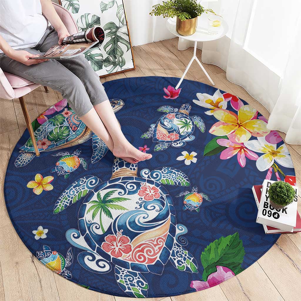 Hawaiian Turtles and Tropical Plants Round Carpet Blue Watercolor LT03 - Polynesian Pride