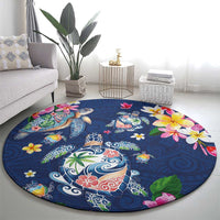 Hawaiian Turtles and Tropical Plants Round Carpet Blue Watercolor LT03 - Polynesian Pride