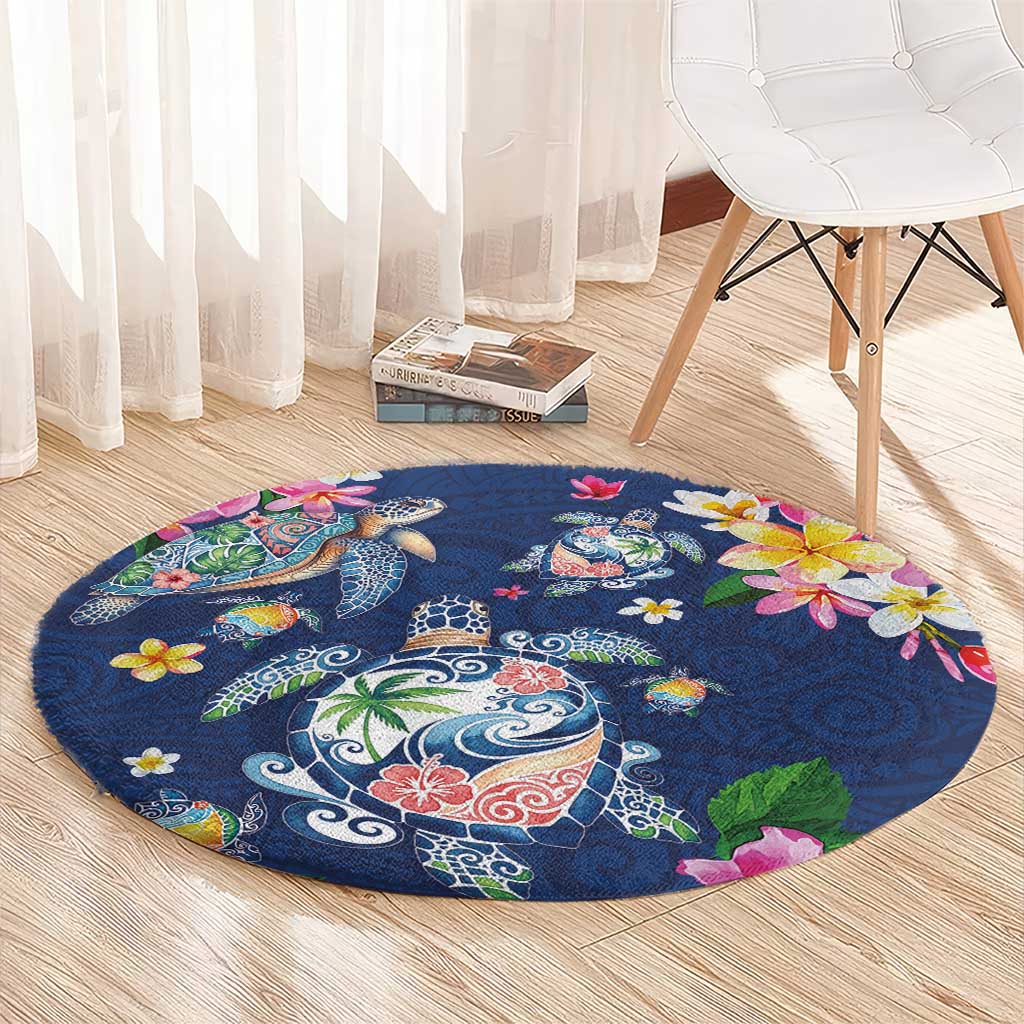 Hawaiian Turtles and Tropical Plants Round Carpet Blue Watercolor LT03 - Polynesian Pride