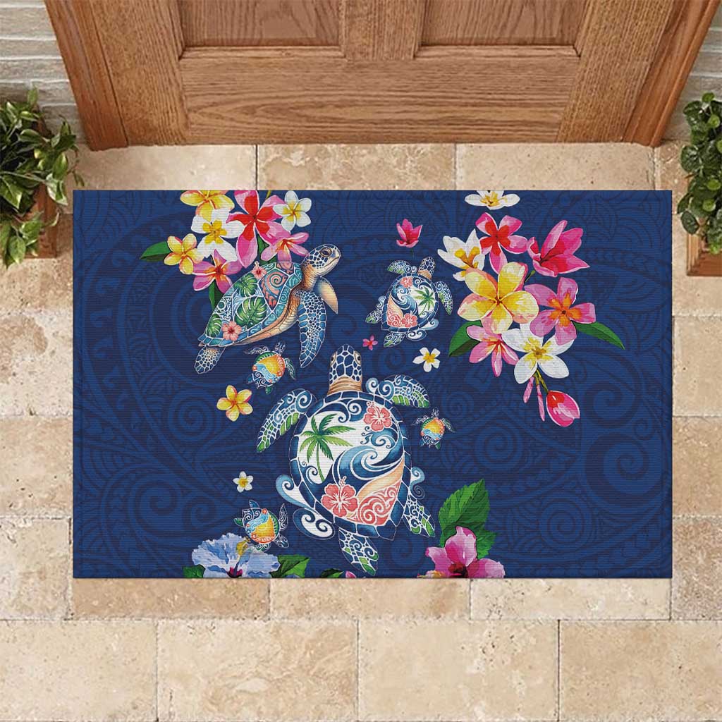 Hawaiian Turtles and Tropical Plants Rubber Doormat Blue Watercolor LT03 Blue - Polynesian Pride