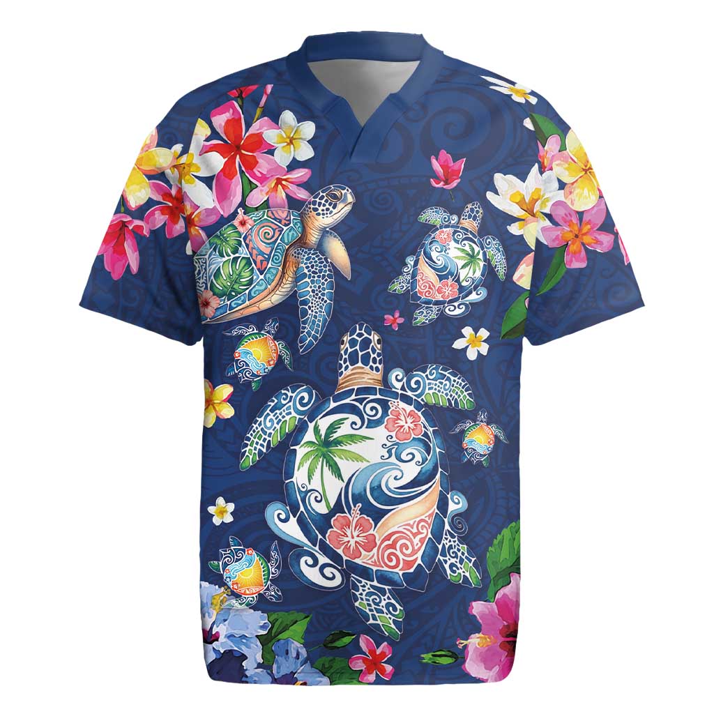 Hawaiian Turtles and Tropical Plants Rugby Jersey Blue Watercolor LT03 Blue - Polynesian Pride