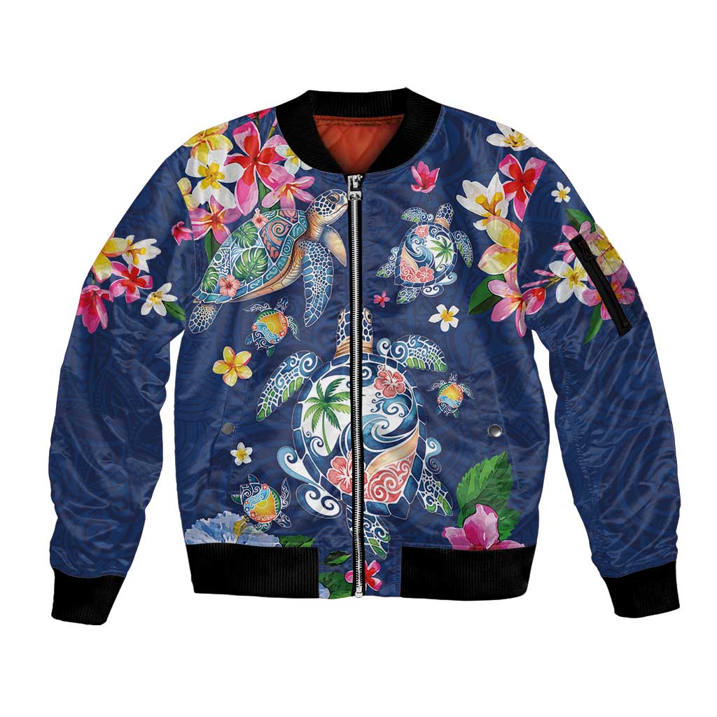 Hawaiian Turtles and Tropical Plants Sleeve Zip Bomber Jacket Blue Watercolor LT03 Unisex Blue - Polynesian Pride