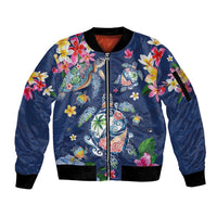 Hawaiian Turtles and Tropical Plants Sleeve Zip Bomber Jacket Blue Watercolor LT03 Unisex Blue - Polynesian Pride
