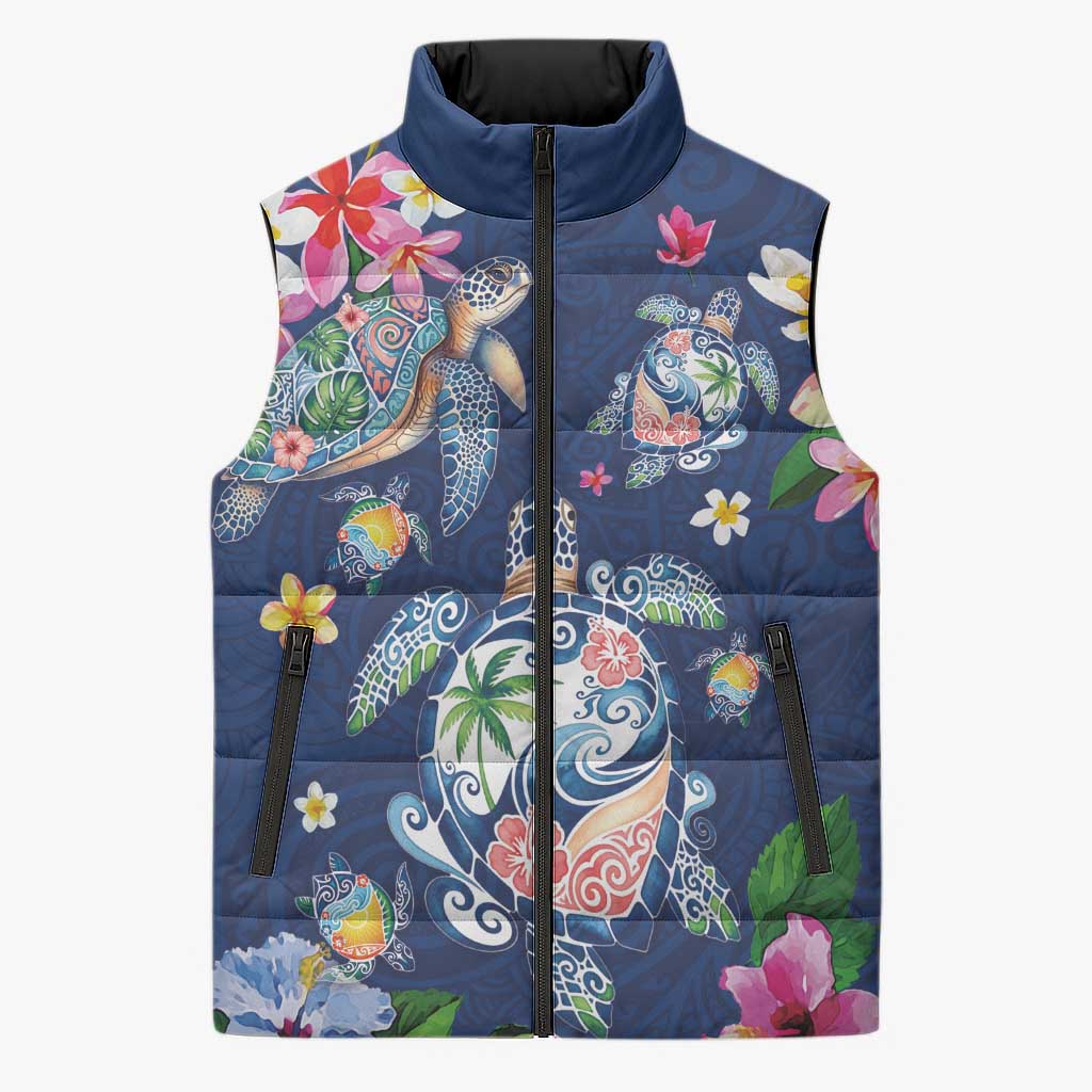 Hawaiian Turtles and Tropical Plants Sleeveless Puffer Jacket Blue Watercolor LT03 Unisex Blue - Polynesian Pride