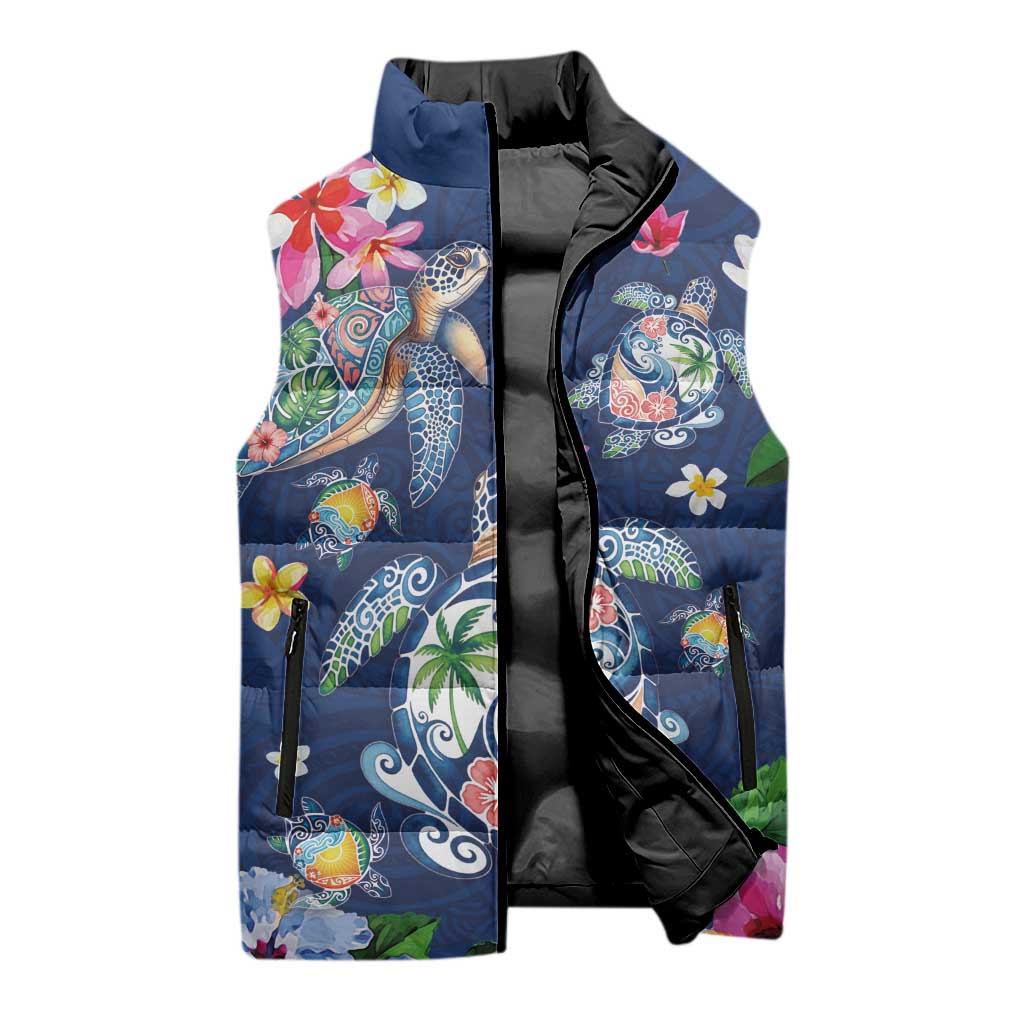 Hawaiian Turtles and Tropical Plants Sleeveless Puffer Jacket Blue Watercolor LT03 - Polynesian Pride
